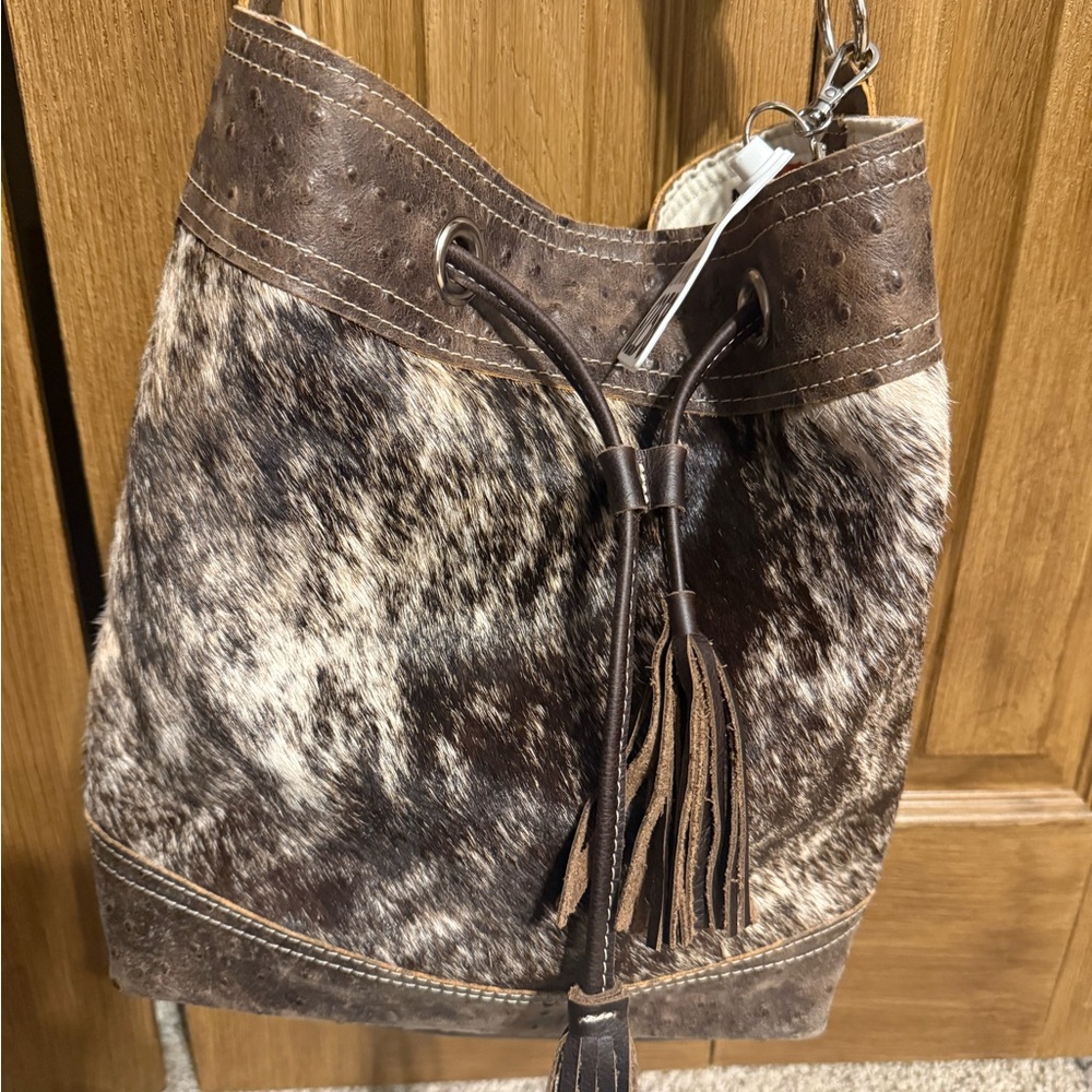 Holy Cow Large Feed Bucket Barely Used Brown and Cream Ostrich Leather